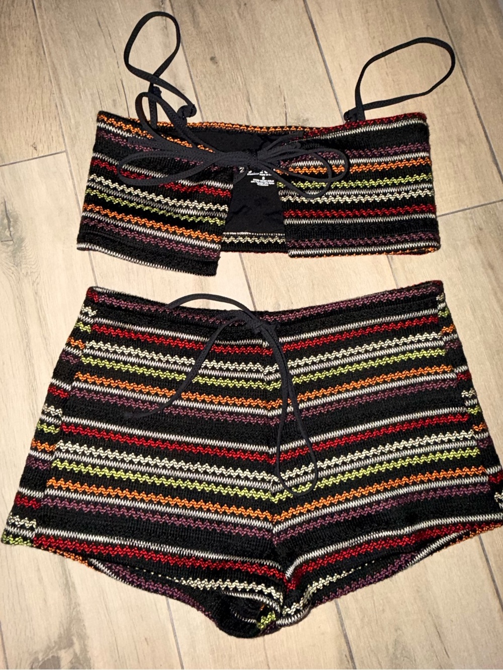 One one Swim Striped Knit Two-Piece Swim Set in Black with Multicolor Stripes
